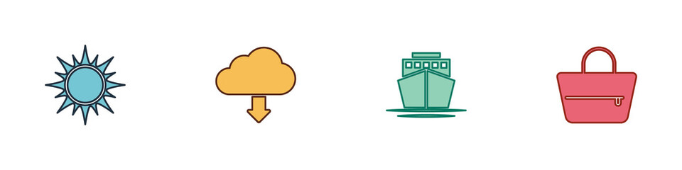 Set Sun, Cloud download, Ship and Handbag icon. Vector.