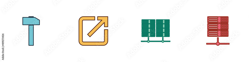 Poster set hammer, open in new window, server, data, web hosting and icon. vector.
