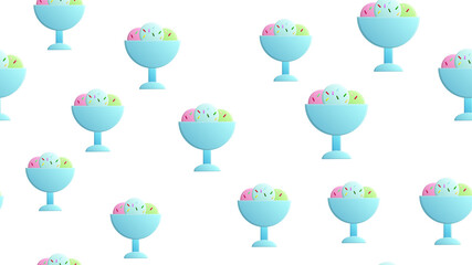 ice cream in a bowl on a white background, pattern, illustration. ice cream balls in wallpaper style. decor of cafe and restaurant, kitchen. sweet milk dessert