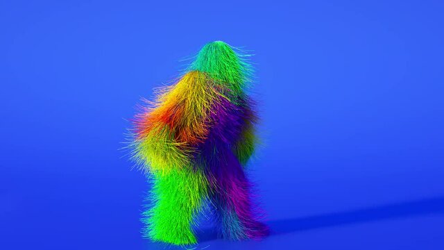 Funny hairy multicolored monster man character dancing . Furry beast having dancing, fur bright funny fluffy character, full hair Chewbacca, snowman, seamless motion design.