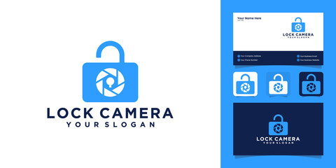 camera and padlock combination design logo and business card