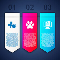 Set Veterinary clinic, Paw print and Clinical record pet on monitor. Business infographic template. Vector.