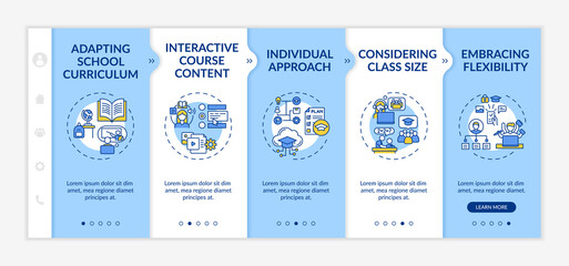 Online teaching tips onboarding vector template. Adapting school curriculum and interactive course content. Responsive mobile website with icons. Webpage walkthrough step screens. RGB color concept