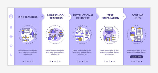 Online teaching jobs types onboarding vector template. Test preparation and scoring job process. Responsive mobile website with icons. Webpage walkthrough step screens. RGB color concept