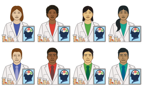 diversity, race, ethnicity of psychiatrist vector icons, male and female, with medicine and image of brain, isolated on a white background 