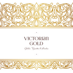 Vector golden seamless border for design template. Element in Victorian style. Luxury floral frame. Ornate decor for premium qulity invitations, greeting cards.