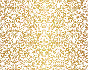 Vintage design element in Victorian style. Vector seamless pattern with floral ornament. Ornamental lace tracery. Golden ornate illustration for wallpaper. Traditional gold decor on light background.