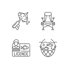 Special gear for fishing linear icons set. Spinning with reel, sperfishing, chair. Fishing chair. Customizable thin line contour symbols. Isolated vector outline illustrations. Editable stroke