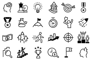 Set of Motivation and Target Vector Icons. Contains such Icons as Achievement, Business goal, Mission Path, strategy, success, growth, career, commitment, enthusiasm, ambition and more. editable. 