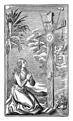 Woman kneeling and pray to heart, hands and foots of Jesus Christ on cross or crucifix. Antique vintage christian religious engraving or drawing illustration.