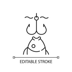 Hooks linear icon. Fish try to bite hook. Fish ate the bait got hooked. Process of catching fish. Thin line customizable illustration. Contour symbol. Vector isolated outline drawing. Editable stroke