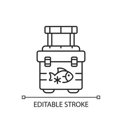 Fishing cooler linear icon. Basic fishers equipment. Fishing contest. Fish in fridge. Thin line customizable illustration. Contour symbol. Vector isolated outline drawing. Editable stroke