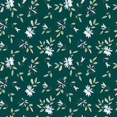 Drawing depicting blue flowers with leaves on a dark green background.