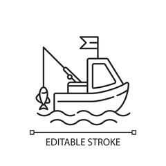 Boat fishing linear icon. Commercial fishing. Fresh sea food. License for fishing from boat. Thin line customizable illustration. Contour symbol. Vector isolated outline drawing. Editable stroke