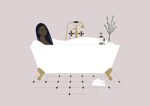 A young female Black character taking a relaxing bath with soap foam, a claw foot vintage tub