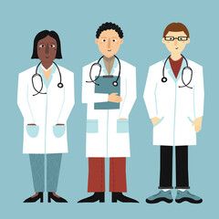 Group of female and male doctors in white coats. Young afro woman and caucasian men medicine workers with stethoscopes. Hand drawn set of people. Clinic work team. Trendy flat vector illustration