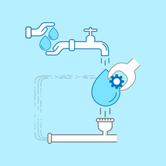 Sustainable water resource management infographic. Editable stroke symbols. Vector illustration outline flat design style.