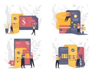 Set of Instant loan vector illustration concept with people working. Online credit, tax payment concept, when tiny people filling get the bill.