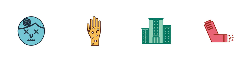 Set Man having headache, Hand with psoriasis or eczema, Medical hospital building and Inhaler icon. Vector.