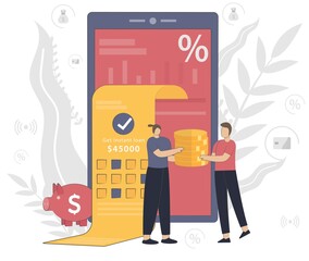 Instant loan vector illustration concept with people working. Online credit, tax payment concept, when tiny people filling get the bill.