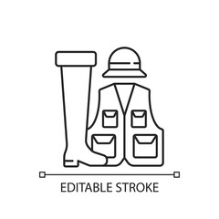 Fishermans clothing and accessories linear icon. Specail wearing for comfortable fishing. Thin line customizable illustration. Contour symbol. Vector isolated outline drawing. Editable stroke