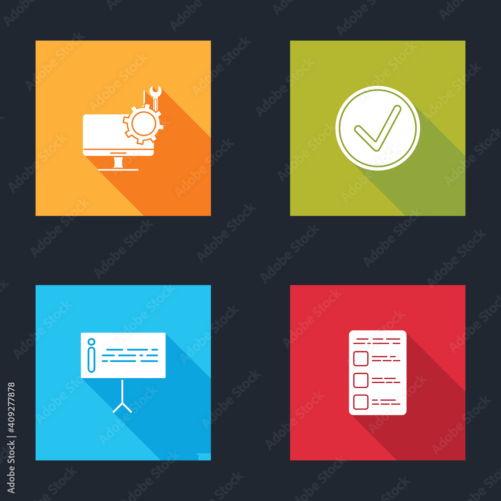Aufkleber set computer monitor service, check mark in circle, information and create account screen mobile ico