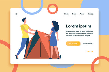 Couple of tourists enjoying camping. Tent, nature, landscape flat vector illustration. Active lifestyle, adventure, dating concept for banner, website design or landing web page