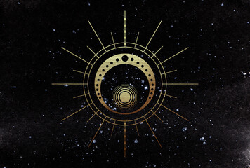 Golden illustration of celestial bodies on night starry sky. Beautiful concept illustration of sun and star on dark watercolor background. Hand drawn high quality illustration for your design. 