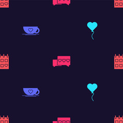 Set Balloon in form of heart, Coffee cup and, Like and Calendar with on seamless pattern. Vector.