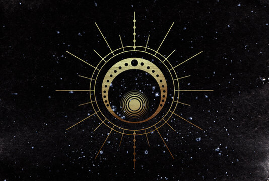 Golden illustration of celestial bodies on night starry sky. Beautiful concept illustration of sun and star on dark watercolor background. Hand drawn high quality illustration for your design. 