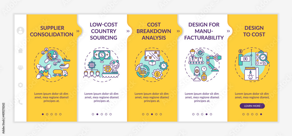Poster cost reduction strategies onboarding vector template. supplier consolidation. design to cost. respon
