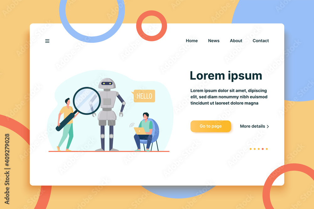 Poster engineers creating robot. humanoid speaking hello, men with laptop and magnifier. flat vector illust