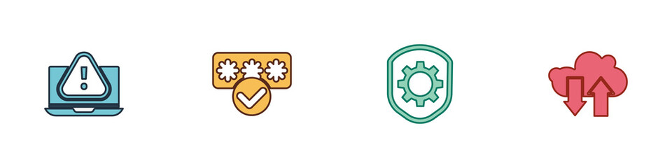 Set Laptop with exclamation mark, Password protection, Shield settings gear and Cloud download and upload icon. Vector.