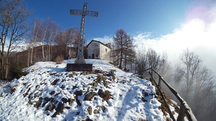 San Grato, Valsassina (Lombardy, Italy): the church in a sunny Wintery day (Spherical, 180 degrees)