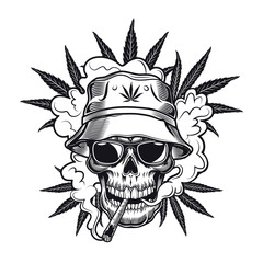 Weed smoker symbol design. Monochrome element with skull with joint in panama, cannabis leaves vector illustration with text on ribbon. Smoking marijuana concept for emblems and tattoo templates