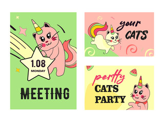 Unicorn cat invitation cards set. Funny cartoon baby kitten with rainbow horn and tail vector illustrations with text and date. Fairytale, magic animal, imaginary concept for posters and flyers design