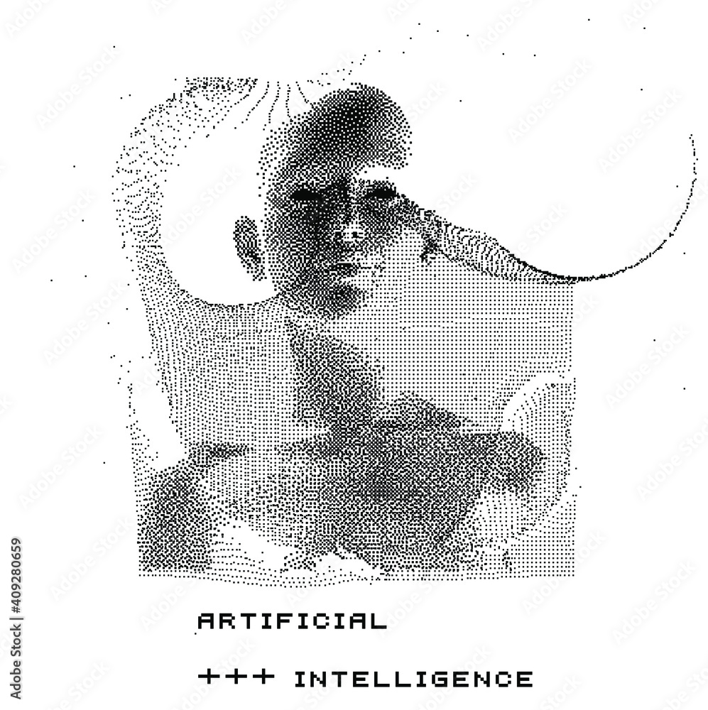 Aufkleber Human head made of the array of particles, pixelated and glitched portret of supreme artificial intelligence. Generative computer art.