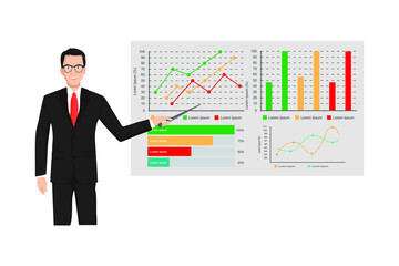 Man with pointer standing at the blackboard with graphs, and infographics.Vector illustration.