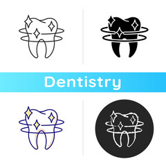 Teeth cleaning icon. Professional dental care. Instruments for dental treatment. Snow-white smile. Cosmetic dentistry. Linear black and RGB color styles. Isolated vector illustrations