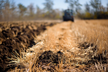 Agriculture blue tractor plowing in autumn on the field.