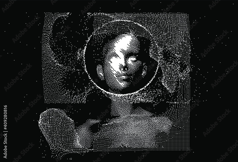 Poster Human head made of the array of particles, pixelated and glitched portret of supreme artificial intelligence. Generative computer art.