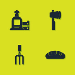 Set Full sack and wooden box, Bread loaf, Garden rake and Wooden axe icon. Vector.