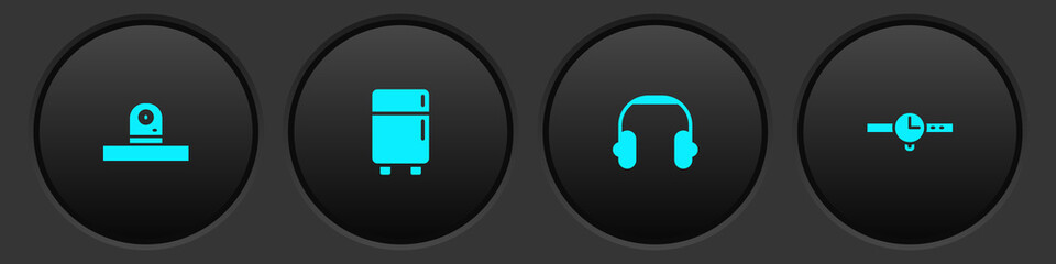 Set Security camera, Refrigerator, Headphones and Wrist watch icon. Vector.