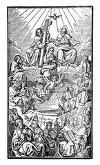 God or Lord and Jesus Christ sitting on throne above saints and clerics, popes, cardinals, bishops and priests. Antique vector vintage christian religious engraving or drawing illustration.