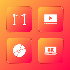 Set Rope barrier, Online play video, CD or DVD disk and Laptop with 8k icon. Vector.