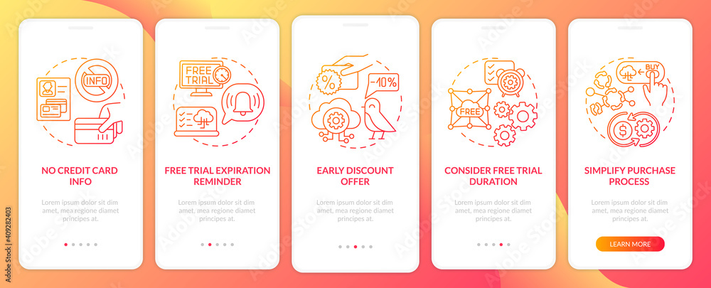 Poster free saas trial onboarding mobile app page screen with concepts. purchase process, credit card infor