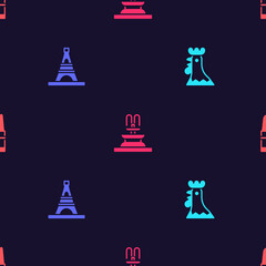 Set French rooster, Eiffel tower, Fountain and Lipstick on seamless pattern. Vector.