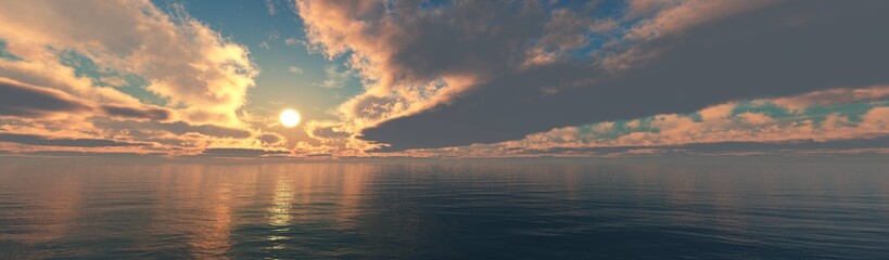 Naklejka na ściany i meble Beautiful sunset in the ocean, sea sunset, sunrise over the water, sun in clouds over the sea, 3D rendering
