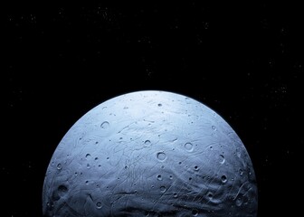white planet with a solid surface and craters in space with stars, surface of an alien planet, beautiful cosmic background, view from space.