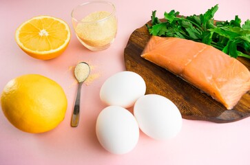 Foods containing collagen and are necessary for its synthesis. Proper nutrition. Light pink background. Copy space.